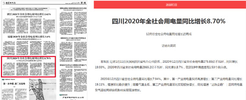 《国家电网报》：四川2020年全社会用电量同比增长8.70%