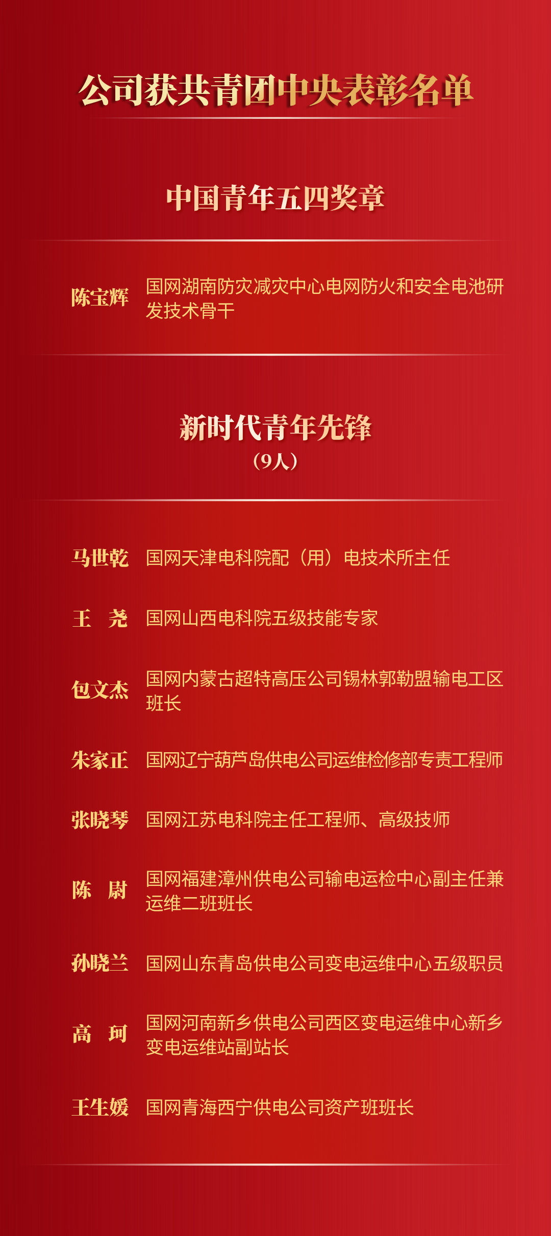 国家电网10名青年员工获共青团中央表彰